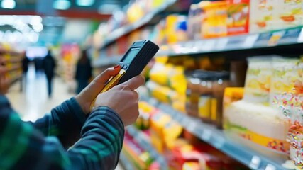 Merchandisers scan products on supermarket shelves using handheld computers. This process enhances inventory management and improves efficiency in retail operations - Powered by Adobe