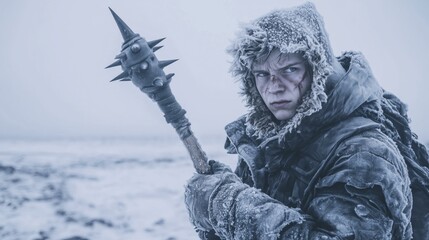 Survivor in icy post-apocalyptic world with spiked weapon, fierce determination