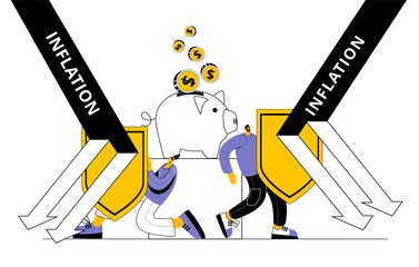 Characters with shields protect savings from inflation. Vector illustration on the topic of preserving your savings during inflation. Illustration in cartoon style.
