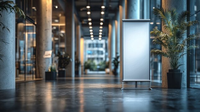 A sleek roll-up standee banner stands elegantly in a contemporary hallway adorned with greenery, creating a welcoming atmosphere for visitors
