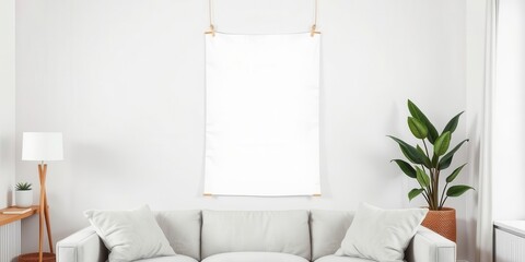 A poster mockup featuring a modern design hanging on clips against a white wall in a cozy home setting, wall, living room