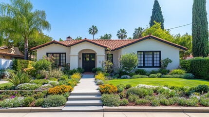Fototapeta premium Beautiful house surrounded by vibrant landscaping on a sunny day