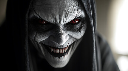 portrait of a evil scary nun smiling showing her red eyes and teeth