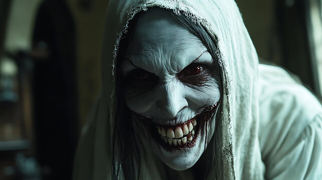 portrait of a evil scary nun smiling showing her red eyes and teeth