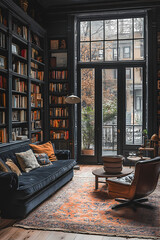 In the living room, a dark color scheme permeated the living room on a peaceful rainy day
