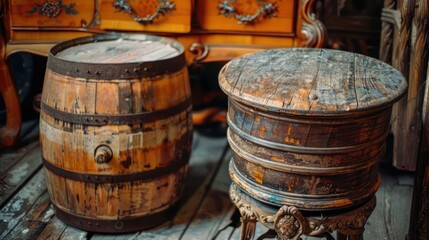Fototapeta premium Two vintage wooden furniture pieces, one a barrel and the other a round stool, in rustic setting.