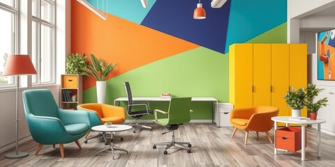 A vibrant office space with colorful decor and modern furniture, symbolizing creativity and success in business, business, success