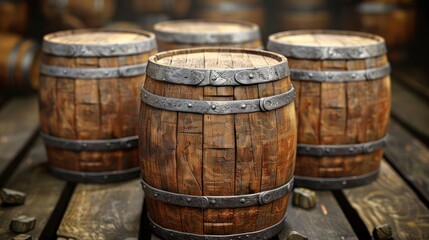 Fototapeta premium A collection of wooden barrels with metal bands, arranged on a wooden surface.