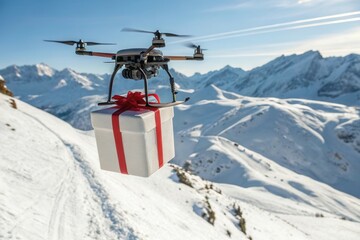 Obraz premium Drone delivering gift box over snowy mountain landscape.