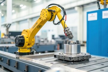 Industrial robotics: advanced yellow robotic arm in action at modern manufacturing facility.