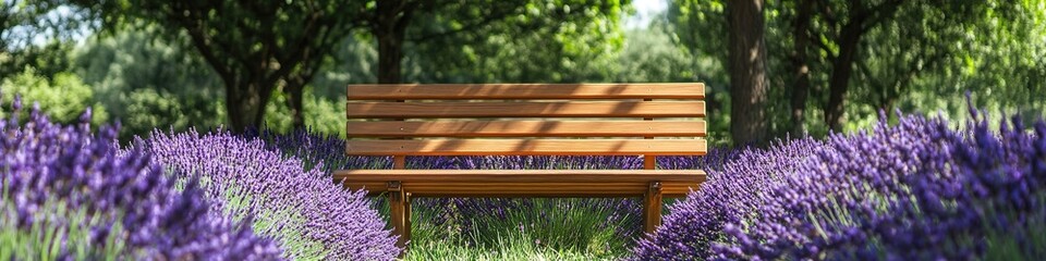 Wooden bench surrounded by lavender flowers in a lush garden.