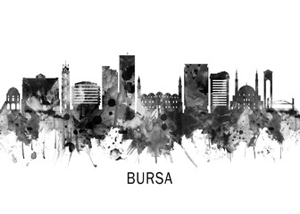 Obraz premium Bursa Turkey Skyline BW, cityscape buildings city skyline architecture illustration abstract modern painting travel poster landscape print urban art