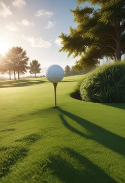 golf ball landing on a well-manicured green grassy terrain with sun shining down, ball, sports equipment, rolling ground