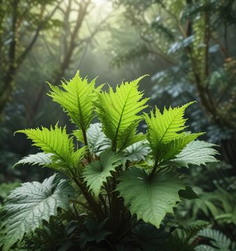 Green leaves of Gunnera magellanica on a branch , plant life , green