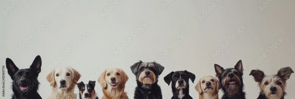 Poster A variety of dogs of different breeds and sizes sit closely together against a neutral backdrop, ready for interaction or text overlay. Generative AI