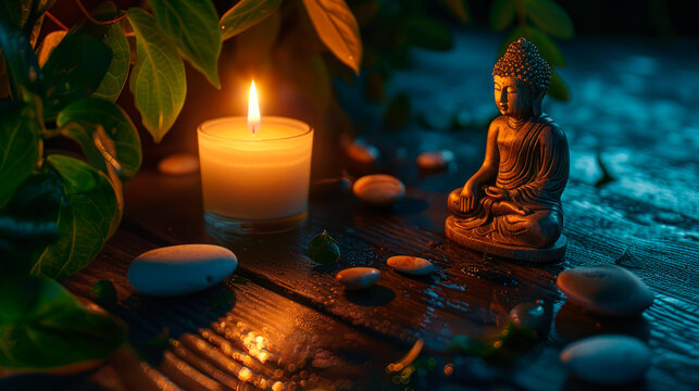 Buddha statue and candlelit serenity on wooden surface closeup image. Vesak Buddhism holiday. Meditative space stones close up photography. Zen mindfulness concept photo realistic