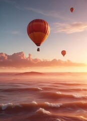 Obraz premium Hot air balloon in shades of red and orange suspended above a vast and open ocean with waves gently lapping against the shore , ocean, water, scenery