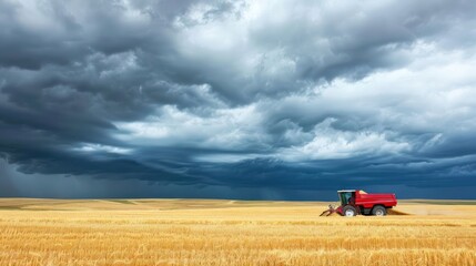 Obraz premium A red combine harvester in a golden field under a dramatic sky, preparing for harvest.