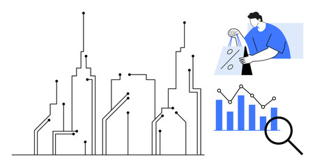 Skyscrapers with circuit lines, man holding shopping bags, bar graph, magnifying glass. Ideal for technology, smart cities, retail analysis, data visualization, market research urban development