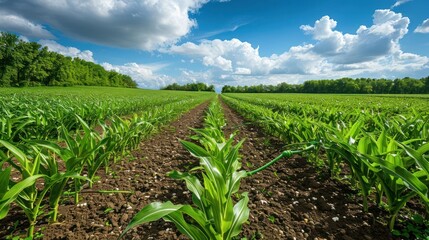 Lush green cornfield under a bright sky with fluffy clouds.