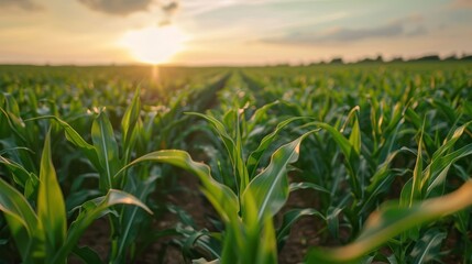 Obraz premium Lush green cornfield at sunset, showcasing agricultural beauty and growth.