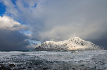 Winter landscape of Flakstad beach in Lofoten Archipelago, Norway, Europe