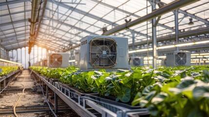 A greenhouse with cooling systems and lush green plants thriving under natural light.