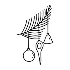Spruce twig decorated with New Years glass toys. Winter season holiday time, Christmas vibe. Traditional decoration. Black and white vector isolated illustration hand drawn. Icon clip art or card