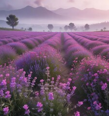 Fototapeta premium Lavender fields with pink wildflowers in a misty landscape, misty landscape, garden