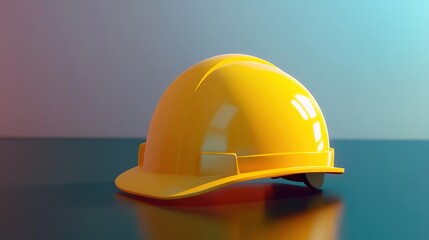Fototapeta premium Bright yellow hard hat on reflective surface with gradient background