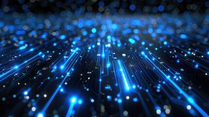 A visually striking representation of digital circuits with glowing blue lines on a dark background.