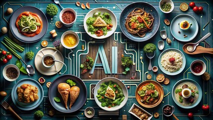 Captivating Food Photography Featuring Artificial Intelligence Theme with Text AI Centered Among Circuit Lines and Colorful Culinary Creations