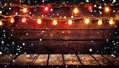 Obraz premium Christmas decorations and gifts and garland on an old wooden background for new year celebrations, winter fairy tale