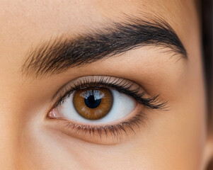 Obraz premium Close-up of a Beautiful Brown Eye. A captivating close-up image of a brown eye, highlighting the intricate details of the iris, eyelashes, and surrounding skin.