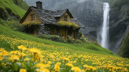 A stone gnome house on beautiful mountain background