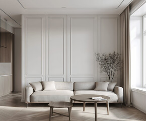 Fototapeta premium Aesthetic elegant minimalist modern interior design. Clear mock up empty wall for decoration in the apartment. Copy space in the room. Neutral palette of natural colors.