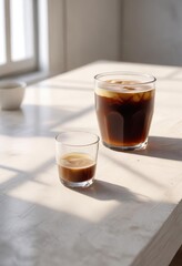 Morning light shining on white wooden table with glass of cold brew coffee and milk, morning light, beverage, milk
