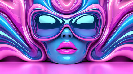 Colorful Futuristic Portrait of a Stylized Figure With Oversized Sunglasses, Featuring Vibrant Pink and Blue Tones and Fluid Shapes in a Surreal Setting