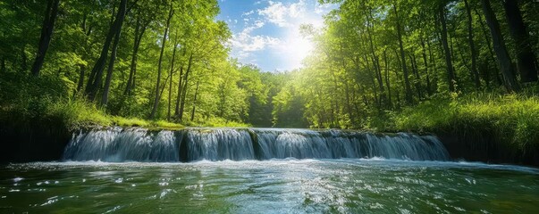 Fototapeta premium Clear River, Lush Greenery & Bright Sky, Serene Natural Setting for Stock Photography