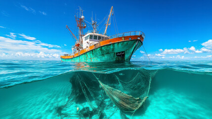 Obraz premium Fishing Boat Navigates Clear Blue Waters While Submerged Nets Loom Beneath the Surface in the Vast Ocean During a Sunny Day