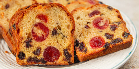 Fruit cake dessert sweet dried fruit traditional pastry, nuts meal food snack on the table copy...
