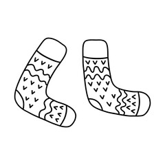 Warm cozy knitted winter socks. Comfortable clothes for cold weather. Winter season. Black and white isolated vector illustration hand drawn doodle. Card or icon, design element. Christmas vibe