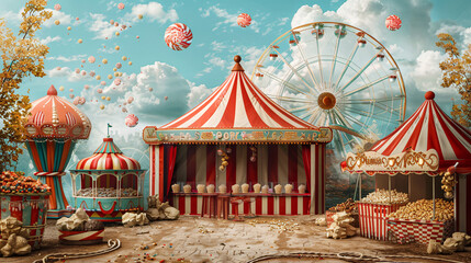 Carnival with rides and booths with popcorn and sweets in a festive mood against a blue sky with clouds