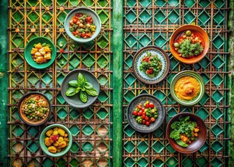 Obraz premium Captivating Food Photography Featuring Vibrant Dishes Against a Pattern of Squares Grid on a Green Iron Gate, Perfect for Culinary and Lifestyle Themes