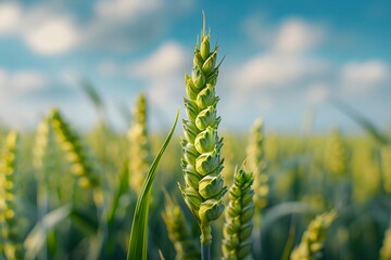 Close-up of green wheat ears in a sunny field, agricultural and natural concept, ideal for farming and eco-friendly designs