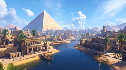 ancient civilized Egypt with the pyramid of Giza and nile flowing Nile riverfront around it