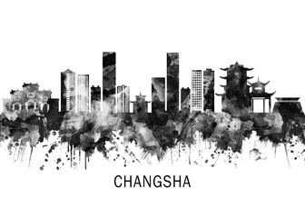 Fototapeta premium Changsha China Skyline BW, cityscape buildings city skyline architecture illustration abstract modern painting travel poster landscape print urban art