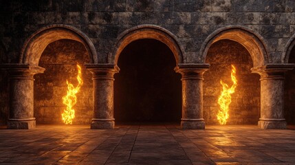 Fototapeta premium Ancient classic architecture stone arches with flames