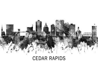 Fototapeta premium Cedar Rapids Iowa Skyline BW, cityscape buildings city skyline architecture illustration abstract modern painting travel poster landscape print urban art