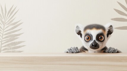 Obraz premium A curious lemur gazes over a wooden surface with its big eyes, surrounded by a light backdrop featuring palm leaf designs in a bright atmosphere. Generative AI